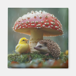Cute Chick and Hedgehog Hiding Under a Mushroom Magnet