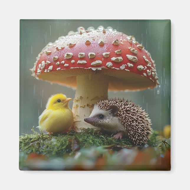 Cute Chick and Hedgehog Hiding Under a Mushroom Magnet (Front)