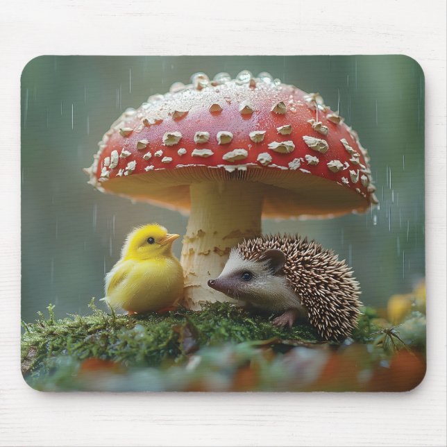 Cute Chick and Hedgehog Hiding Under a Mushroom Mouse Mat (Front)