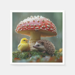 Cute Chick and Hedgehog Hiding Under a Mushroom Napkin