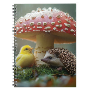 Cute Chick and Hedgehog Hiding Under a Mushroom Notebook