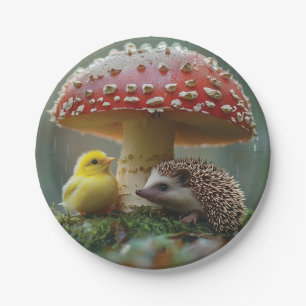 Cute Chick and Hedgehog Hiding Under a Mushroom Paper Plate
