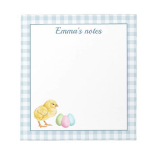 Cute Chick And Pastel Eggs On Blue Gingham Easter Notepad