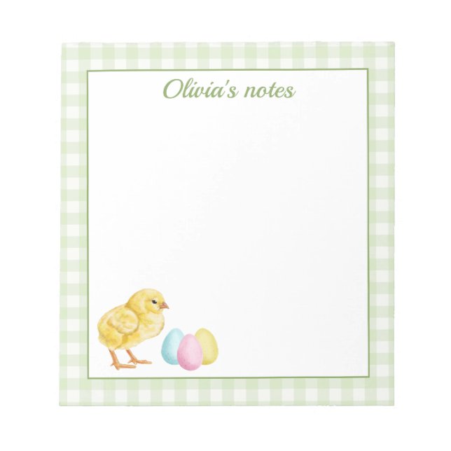 Cute Chick And Pastel Eggs On Green Gingham Easter Notepad (Front)