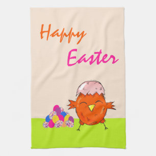 Cute chick colourful Easter eggs Happy Easter Tea Towel