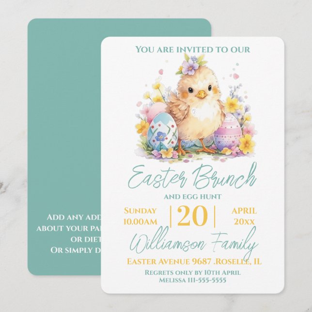 Cute Chick Floral Blue Easter Brunch  Invitation (Front/Back)