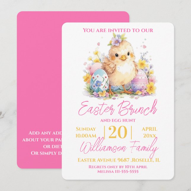 Cute Chick Floral Pink Easter Brunch  Invitation (Front/Back)