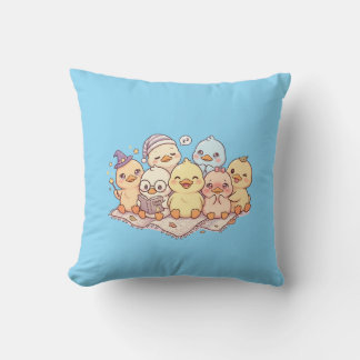 Cute Chick Friends Blue Throw Pillow