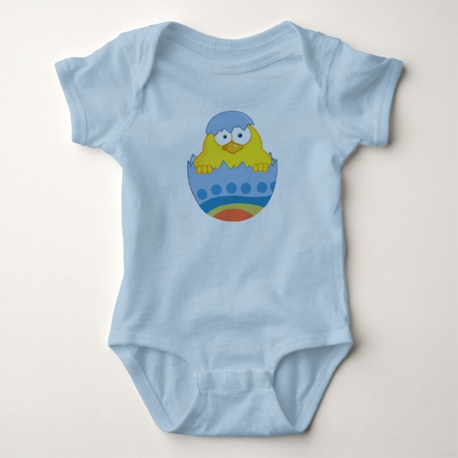 Cute Chick Hatching From Blue Colourful Egg Baby Bodysuit (Front)