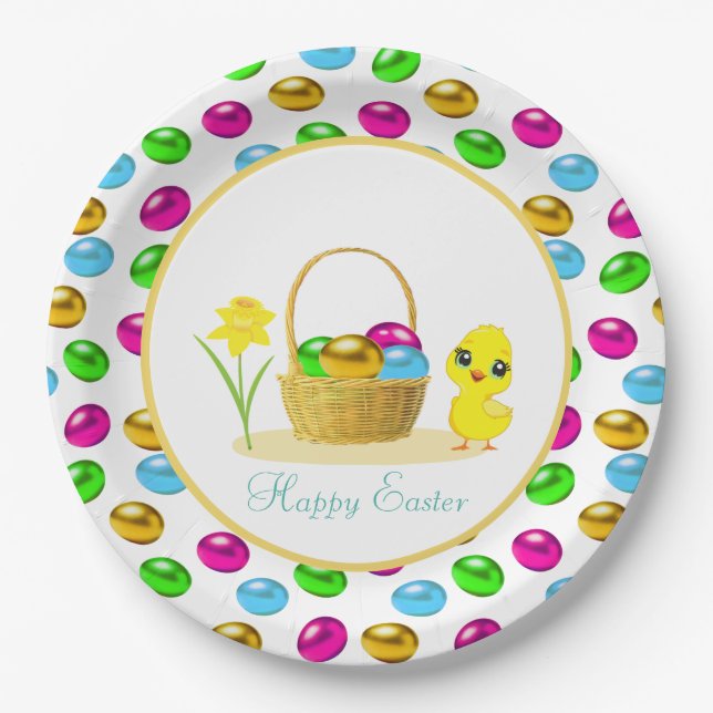 Cute Chick & Multicolored Easter Eggs Paper Plate (Front)
