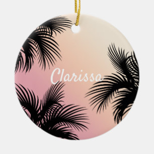 Cute chick pink yellow ombre tropical palm leaves ceramic tree decoration