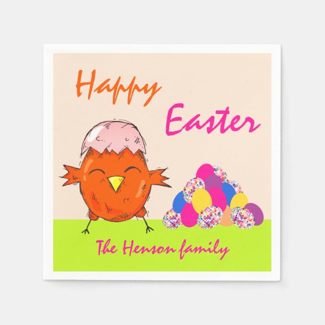 Cute Chick with Easter Eggs Happy Easter Napkin (Front)
