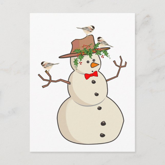 Cute Chickadee and Snowman, Winter Birds Holiday Postcard (Front)