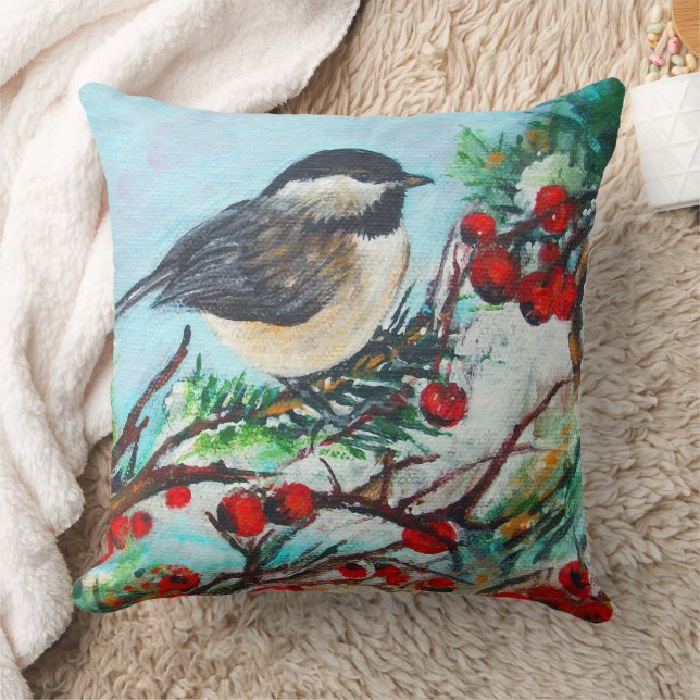 Cute Chickadee Bird Art Cushion (Blanket)