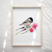 Cute Chickadee Bird Flowers Art Print