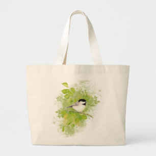 Cute Chickadee Bird in Poplar Tree Large Tote Bag