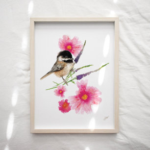 Cute Chickadee Bird Pink Purple Flowers Poster