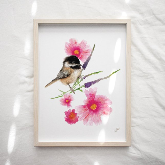 Cute Chickadee Bird Pink Purple Flowers Poster (Creator Uploaded)
