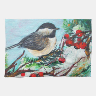 Cute Chickadee Bird With Berries On Branch Tea Towel