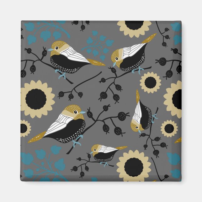 Cute Chickadee Birds And Flowers Magnet (Front)