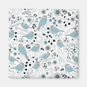 Cute Chickadee Birds Blue Grey Flowers Berries Magnet