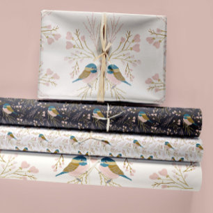 Cute Chickadee Birds Hearts Decoupage Gift Wrapping Paper Sheet