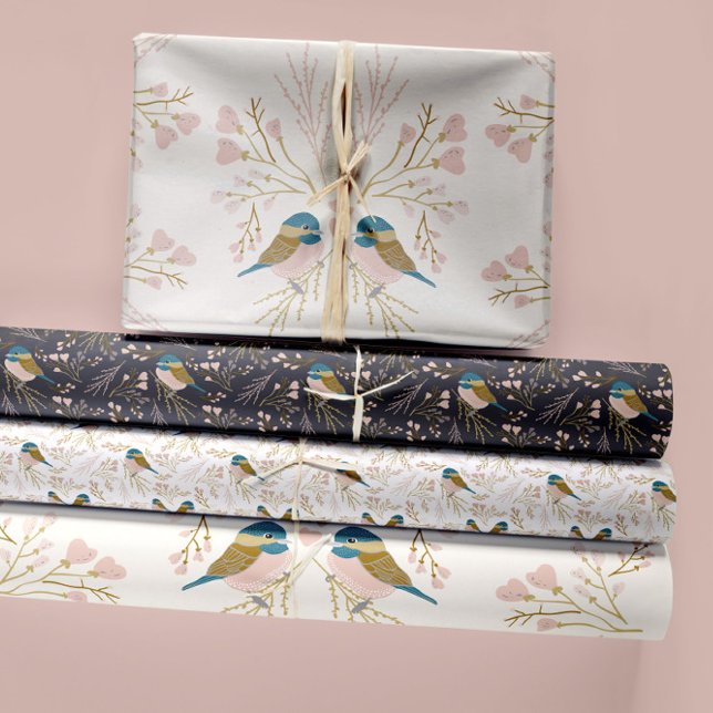 Cute Chickadee Birds Hearts Decoupage Gift Wrapping Paper Sheet (Chickadee Birds Pink Gold Hearts And Flowers Wrapping Paper Sheets from Studio Posies.)