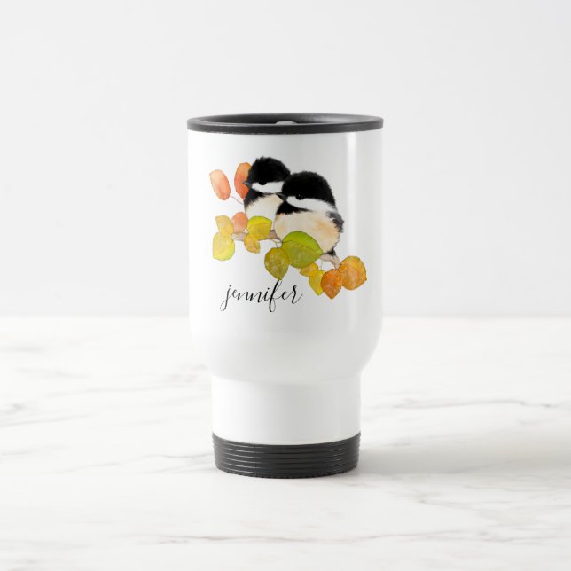 Cute Chickadee Birds Personalised Travel Mug (Center)