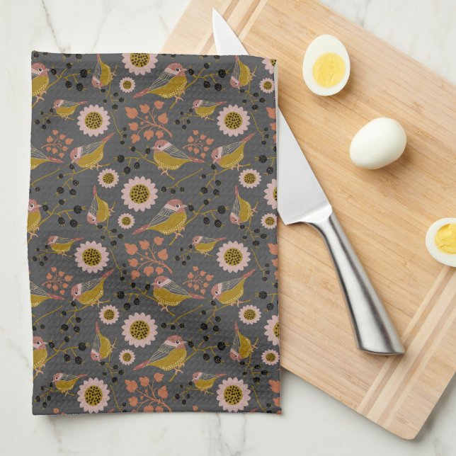 Cute Chickadee Gold Pink Black Berries Flowers Tea Towel (Quarter Fold)