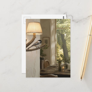 Cute Chickadee in the Dining Room Surreal Collage Postcard