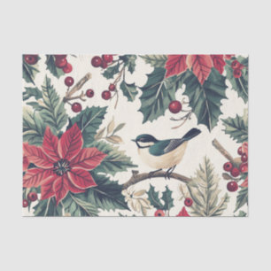 Cute Chickadee on a Holly Branch with Poinsettias Tissue Paper