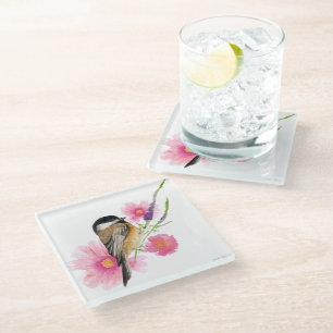 Cute Chickadee Pink Flowers Watercolor Glass Coaster