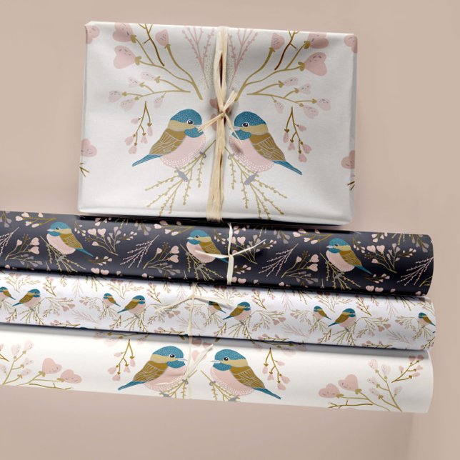 Cute Chickadee Trio Decoupage Gift Wrapping Paper Sheet (Cute Pink Gold Blue Chickadee Hearts Floral Wrapping Paper Sheets from Studio Posies.)
