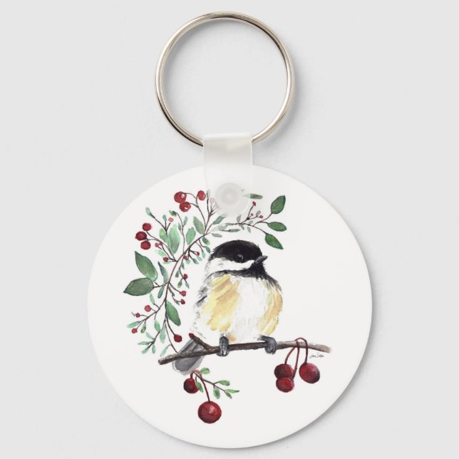 Cute Chickadee Watercolor Art Key Ring (Front)
