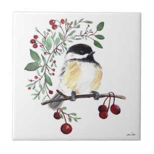 Cute Chickadee Watercolor Ceramic Tile
