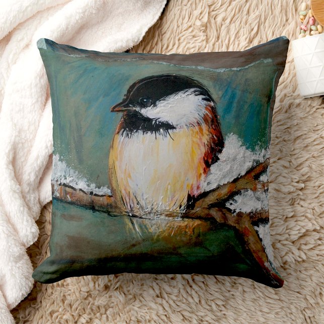 Cute Chickadee Winter Black Capped  Cushion (Cute Chickadee Bird throw pillow from Jenn's Emporium. )