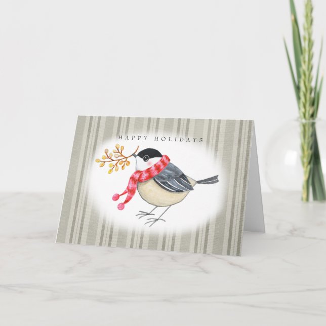 Cute Chickadee with red scarf Happy Holidays Holiday Card (Front)