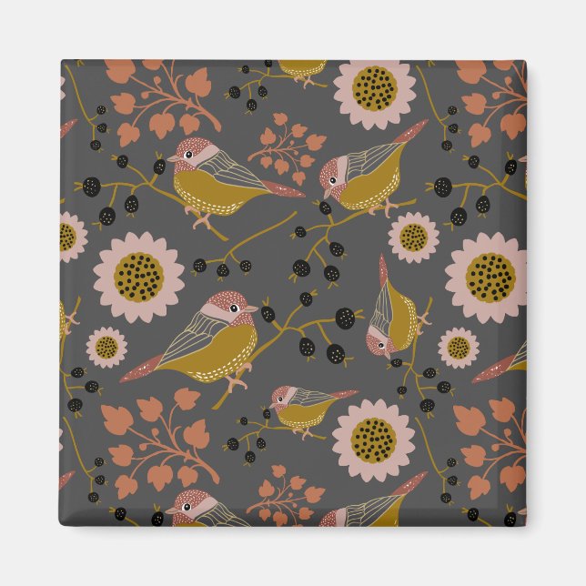 Cute Chickadees Gold Pink Berries Flowers  Magnet (Front)