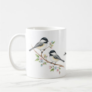 Cute chickadees on Floral Branch Custom Name  Coffee Mug