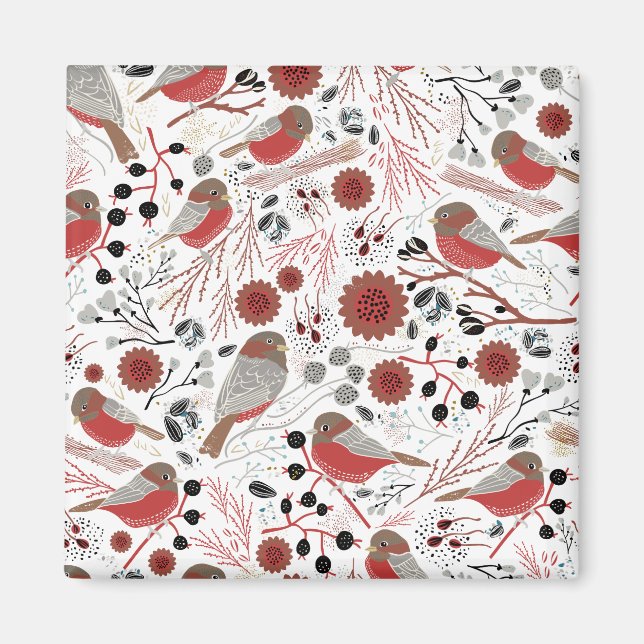 Cute Chickadees Red Grey Pattern Floral Magnet (Front)