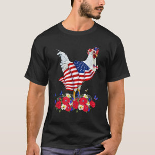Cute Chicken Bow Tie American Flag Flowers Happy 4 T-Shirt