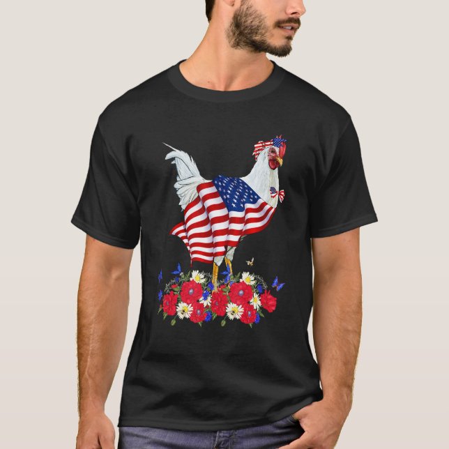 Cute Chicken Bow Tie American Flag Flowers Happy 4 T-Shirt (Front)