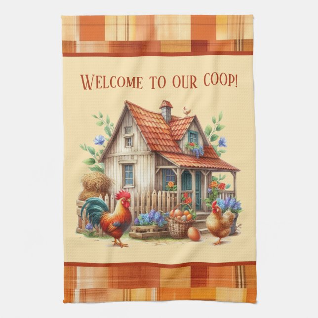 Cute chicken coop welcome add text  tea towel (Vertical)