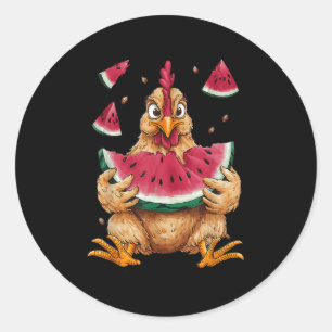 Cute Chicken Eating Watermelon Fruit Summer Men Wo Classic Round Sticker