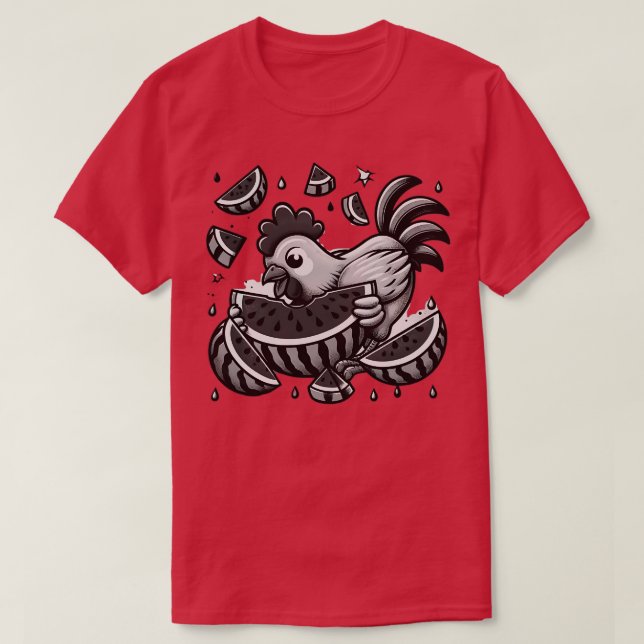 Cute Chicken Eating Watermelon Fruit Summer Men Wo T-Shirt (Design Front)