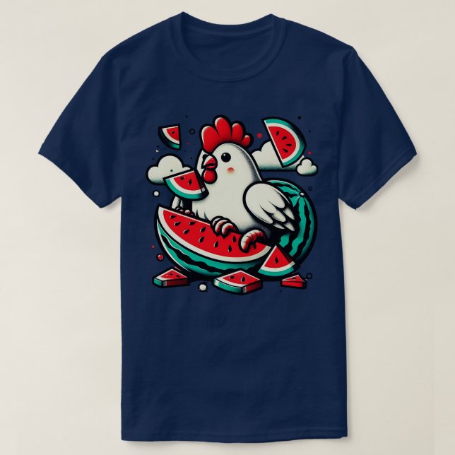 Cute Chicken Eating Watermelon Fruit Summer Men Wo T-Shirt (Design Front)