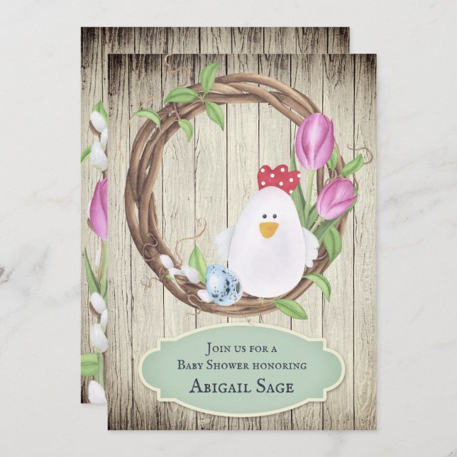 Cute Chicken, Eggs, Wreath and Tulips Baby Shower Invitation (Front/Back)