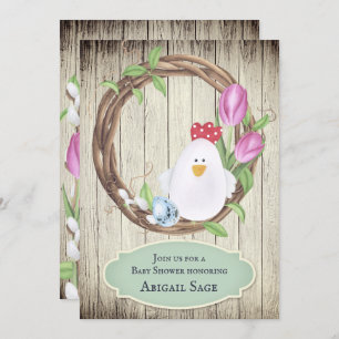 Cute Chicken, Eggs, Wreath and Tulips Baby Shower Invitation