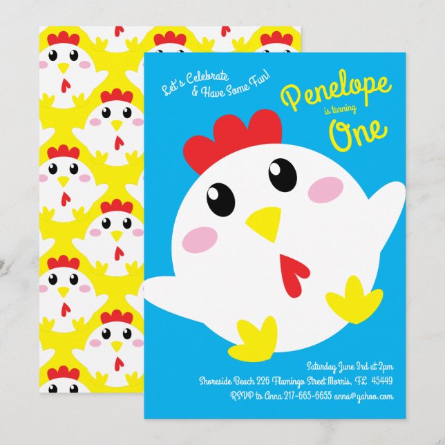Cute Chicken Farm Kids 1st Birthday Party Invitation (Front/Back)