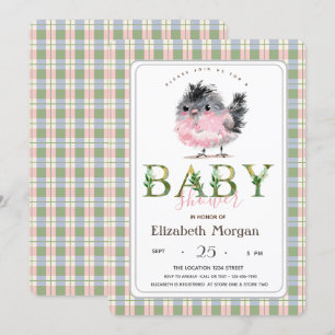 Cute Chicken Green Pink Plaid Baby Shower Invitation